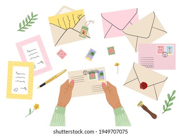 Flat lay illustration of envelopes, letters, postage stamps, stationery and tan female hands holding mails. Workspace and table top view. Hand drawn vector illustration