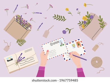 Flat lay illustration of envelopes, letters, postage stamps, stationery and white female hand writing mail. Workspace and table top view. Hand drawn vector illustration