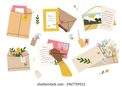 Flat lay illustration of envelopes, letters, postage stamps, stationery and black female hand writing mail. Workspace and table top view. Hand drawn vector illustration