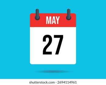 La ilustración plana presenta un icono de calendario. El mes que se muestra es mayo, y la fecha es el 27, con borde rojo, sobre un fondo azul vibrante.