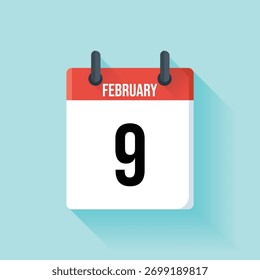 La ilustración plana presenta un calendario que muestra el 9 de febrero. La parte superior roja resalta el mes, sobre un fondo degradado azul con largas sombras.