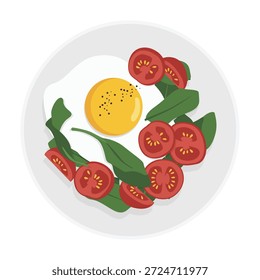 Ilustración plana de un huevo frito con hojas de espinaca y tomates cherry cortados a la mitad en un plato blanco sobre un fondo blanco limpio.