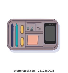 A flat lay illustration of a gray desk organizer tray containing pens, markers, sticky notes, paper clips, and a smartphone.