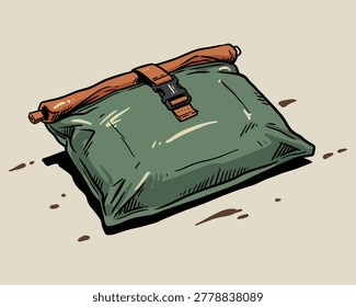 A flat lay illustration of a green waterproof dry bag featuring a roll top closure and black plastic buckle.