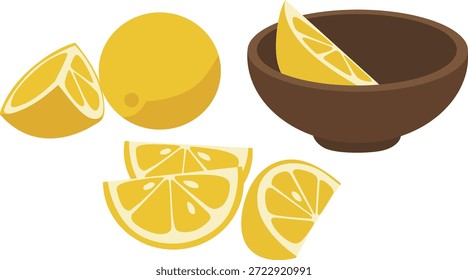 Ilustración plana de limones y rodajas de limón en un tazón marrón sobre un fondo blanco con tonos amarillos vibrantes.