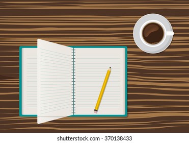 Flat lay illustration with a notepad, pencil and coffee lying on a table in flat style in vector