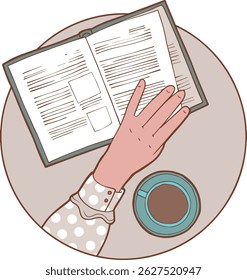flat lay illustration of open book and coffee cup for reading and relaxation in hand-drawn style