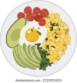 Flat lay illustration of a plate with sliced avocado, fried egg, cherry tomatoes, corn kernels, and parsley on a white background with a light and healthy mood.