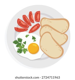 Ilustração plana de uma placa com pão torrado, tomates fatiados, um ovo frito e salsa em um fundo branco.