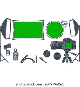 A flat lay illustration of professional photography and videography gear including a digital camera on a tripod studio softbox lights cables and green chroma key screens