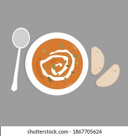Flat lay illustration of pumpkin soup