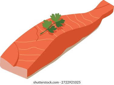 Uma ilustração plana de um filete de salmão com salsa em cima contra um fundo branco limpo.