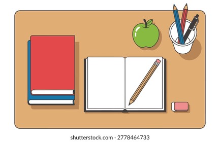 A flat lay illustration of a school desk featuring an open notebook with a pencil, a stack of colorful books, a green apple, and a cup filled with pens and pencils for education and learning concepts.