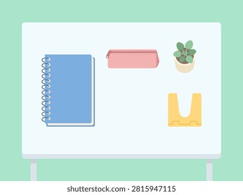 Flat lay illustration of school supplies on a desk.