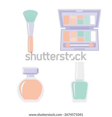 A flat lay illustration showcasing various beauty items including a makeup brush, eyeshadow palette, perfume bottle, and nail polish.
