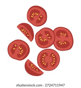 Ilustração plana em forma de camada de tomates fatiados com sementes amarelas sobre um fundo branco.