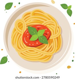 Flat lay illustration of spaghetti with tomato sauce and basil leaves on a white plate, presented with a clean, vibrant aesthetic and scattered seasonings