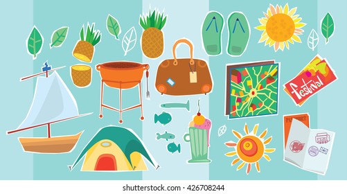 Flat Lay Illustration Of Travel And Vacation Icons