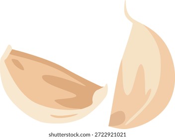 Ilustración plana de dos dientes de ajo sobre un fondo blanco con tonos beige y marrón cálidos.