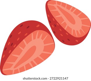 Ilustração plana de dois morangos divididos pela metade em um fundo branco com tons vermelho e rosa vibrantes.