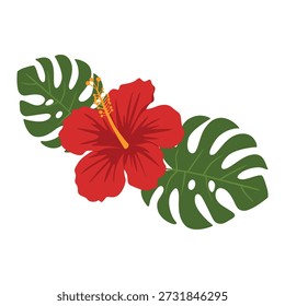 Flache Laiendarstellung einer lebendigen roten Hibiskusblume mit gelben Staubgefäßen und zwei großen grünen Monsterblättern auf sauberem, weißem Hintergrund.