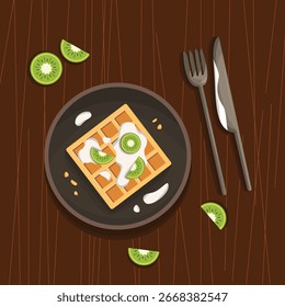 Flat lay illustration of waffle topped with kiwi slices and cream on plate. Breakfast food concept on wooden table background.