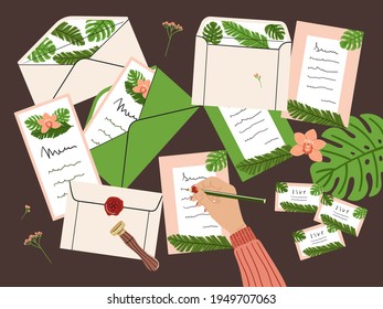 Flat lay illustration of wedding invitations, envelopes, stationery and tan female hand writing mail. Workspace and table top view. Hand drawn vector illustration

