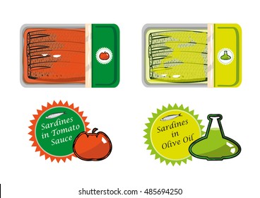 Flat Lay image of Canned Sardines in Plain Tomato Sauce and Olive Oil. Seal Stickers of Flavors. Editable Clip Art.