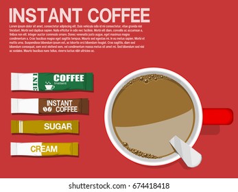Flat lay of  instant coffee on pink background
