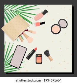 Flat lay isolated golden dots background top view of cosmetics, makeup and beauty products. Vector Illustration background for ads and blogs. Powder, lipstick, nail polish, brushes, smartphone