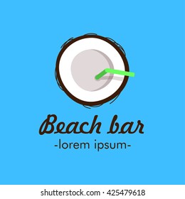 Flat lay logo with coconut cocktail for beach bar or fresh bar. Vector illustration.