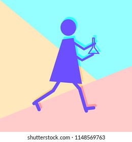 Flat lay minimal art design graphic image of scientist in white coat holds flask icon on pastel colored pink and blue background