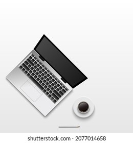 Flat lay minimal work space, Top view office desk with computer laptop, clipboard and coffee cup on white color background with copy space, vector illustration