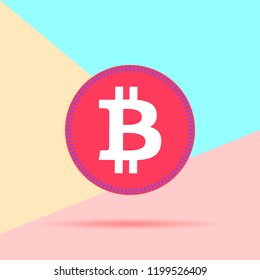 flat lay modern bitcoin cryptocurrency icon with shadow on pastel colored blue and pink background