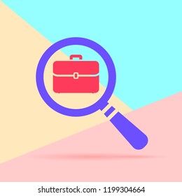 flat lay modern magnifying glass with flat portfolio briefcase icon with shadow on pastel colored blue and pink background