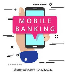 flat lay modern minimal hand holding mobile phone with mobile banking text mesagge on white background