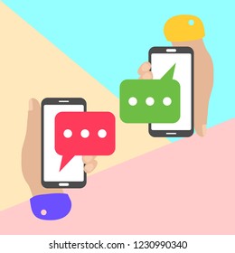 flat lay modern minimal hands holding mobile phones with chat message notifications with shadow on pastel colored blue and pink background. Text messaging flat design concept.