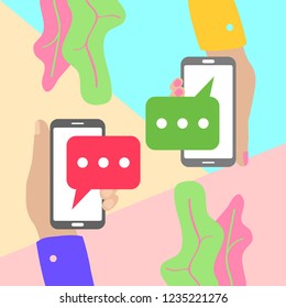 flat lay modern minimal hands holding mobile phones with chat message notifications with shadow on pastel colored blue and pink background. Text messaging flat design concept.