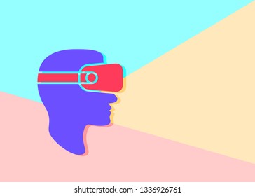 flat lay modern minimal man head in virtual reality glasses icon with shadow on pastel colored blue and pink background