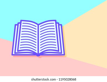 flat lay modern pastel colored open book icon with shadow on blue and pink background