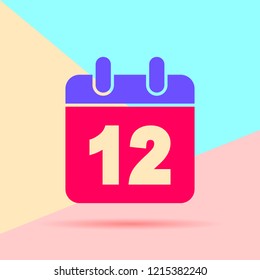 flat lay modern pastel colored december or twelve number and calendar icon with shadow on blue and pink background