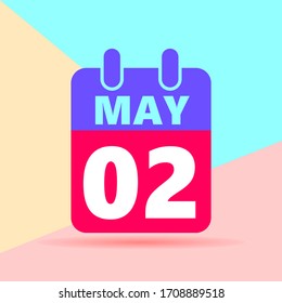flat lay modern pastel colored 2 may number and calendar icon with shadow on blue and pink background