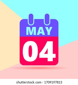 flat lay modern pastel colored 4 may number and calendar icon with shadow on blue and pink background