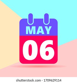 flat lay modern pastel colored 6 may number and calendar icon with shadow on blue and pink background