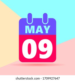 flat lay modern pastel colored 9 may number and calendar icon with shadow on blue and pink background