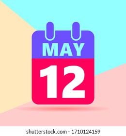 flat lay modern pastel colored 12 may number and calendar icon with shadow on blue and pink background