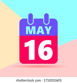 flat lay modern pastel colored 16 may number and calendar icon with shadow on blue and pink background