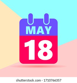 flat lay modern pastel colored 18 may number and calendar icon with shadow on blue and pink background