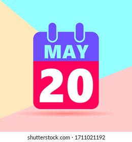 flat lay modern pastel colored 20 may number and calendar icon with shadow on blue and pink background