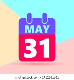 flat lay modern pastel colored 31 may number and calendar icon with shadow on blue and pink background